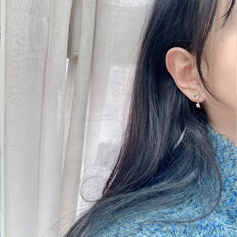 S925 Sterling Silver Mini Key Earrings Female Temperament Korean Personality Simple Asymmetric Lock Zircon | Украшения и