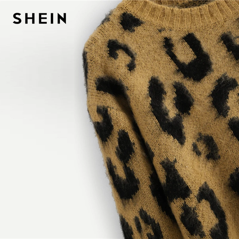 SHEIN Свитер С Леопардовым Принтом И Длинным Рукавом, Джемпер С Животным Принтом И Круглым Вырезом