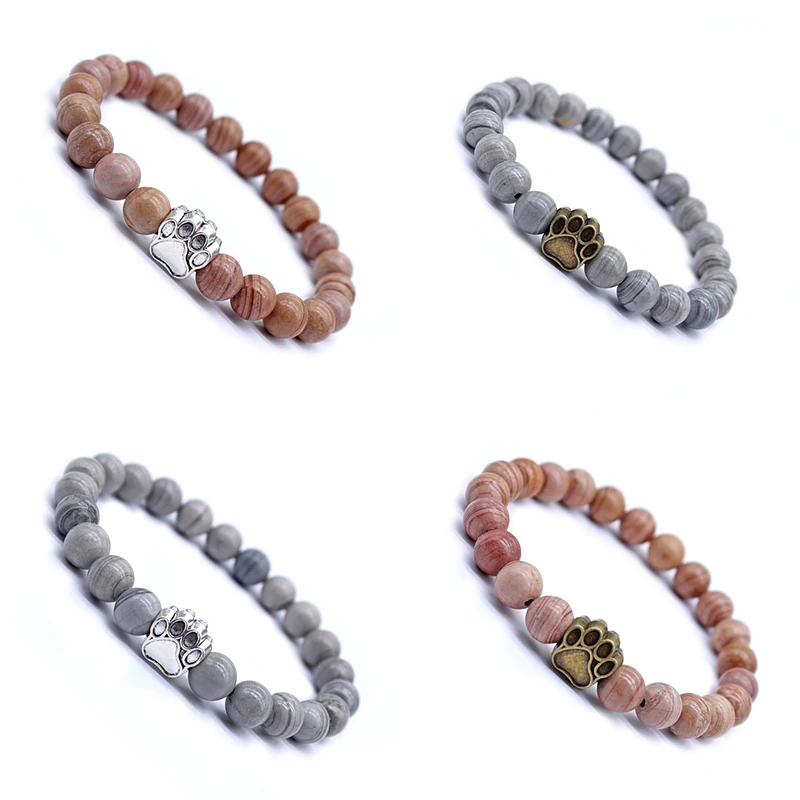Серый и красный полосатый браслет с натуральными камнями Mala Beads медвежонок кошек