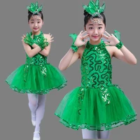 children latin grass performance clothing green puffy princess dress girls jasmine chorus suit modern dance ballet dress