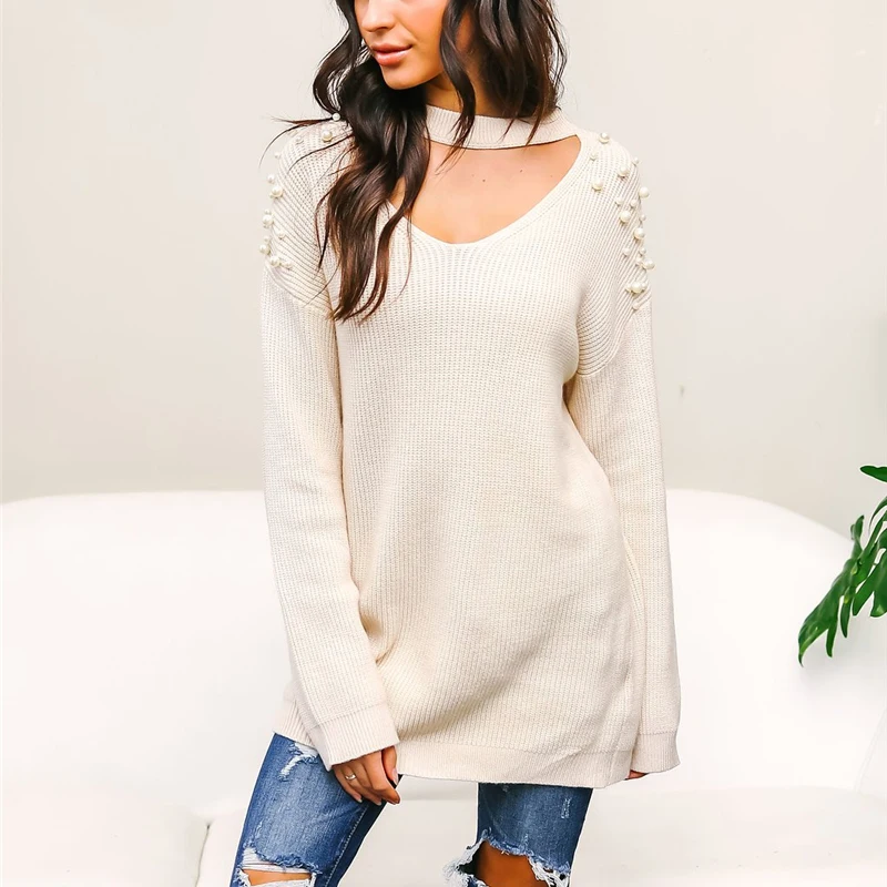Autumn and Winter 2018 Women Tops Halter Pearl Sweaters Pullovers Elegant Cozy Knit Sweater Casual Loose Warm Jumpers Femme | Женская