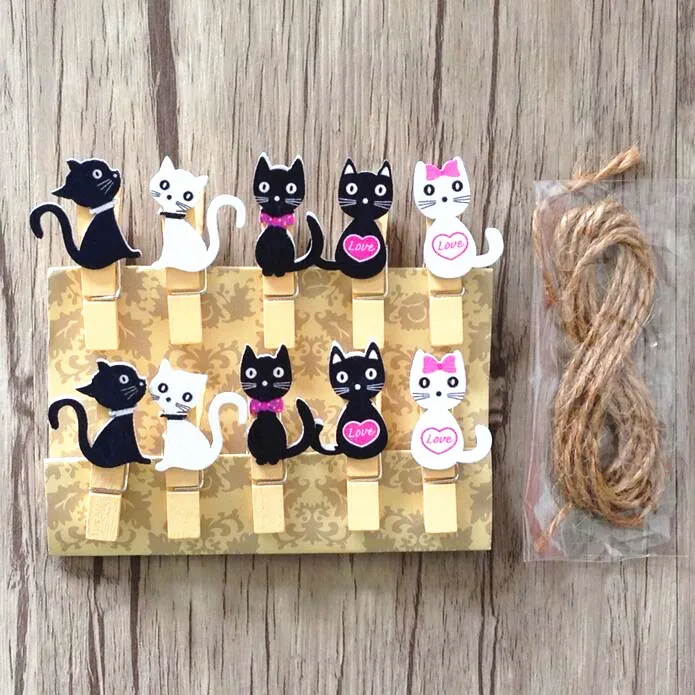 10 упаковок/партия Kawaii Cat деревянные зажимы для дизайна с веревкой еда клип хорошая деревянная вешалка зажим для сумки студентов DIY Инструменты офисные школьные принадлежности - Цвет: Black White Cat