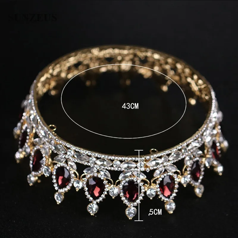 Luxury Round Queen Crowns Shinny Crystal Gold Bridal Tiara With Burgundy Rhinestones New Princess Marrige Accessory SQ0295