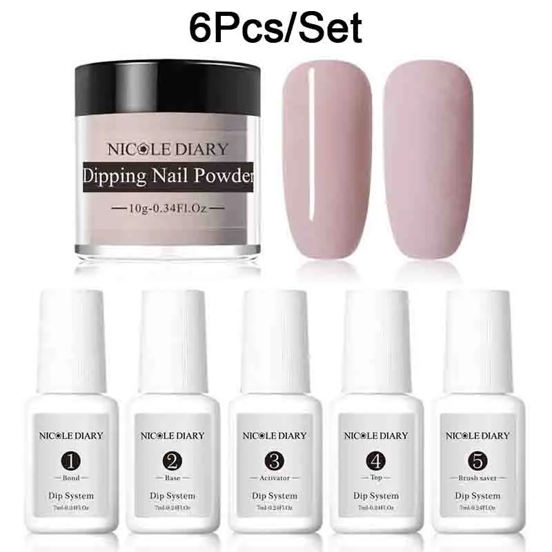 6pcs Set 1 Николь дневник 9/6/4/3 шт Dip для ногтей, порошковый набор нейл-арта, гвозди с блестящим напылением матовая голограмма пыли с базовый топ активатор щетка - Цвет: 6pcs Set 1