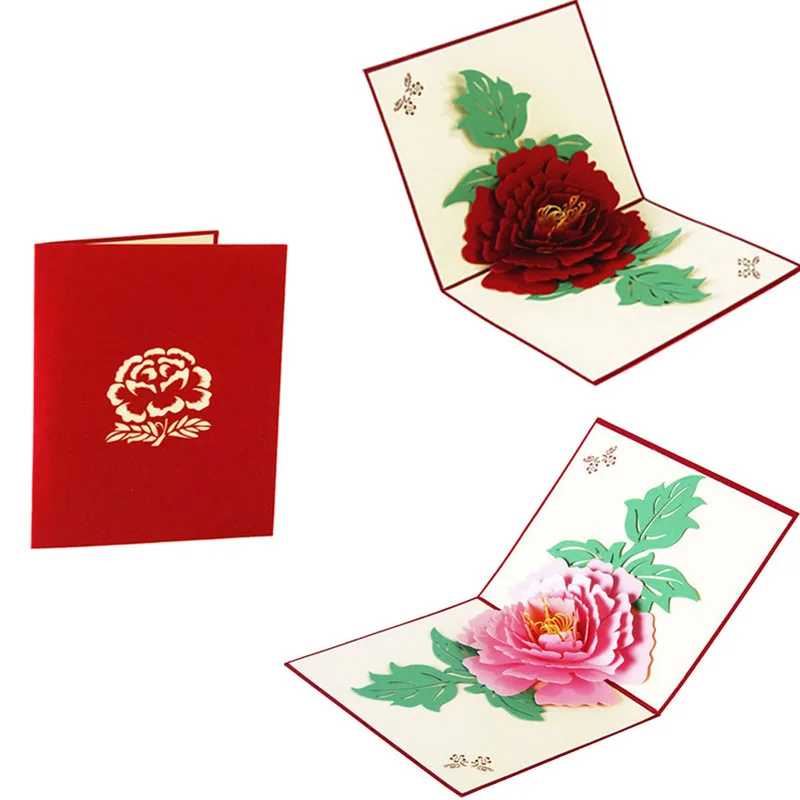 

3D Pop Up Greeting Cards Peony Birthday Valentine Mother Day Christmas good quality