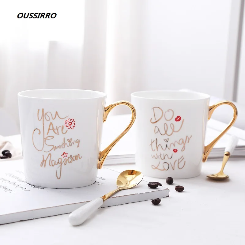 OUSSIRRO Gold Handgrip ceramics Bone China Coffee Mugs With spoon Couple Gift Box Tea Milk Cup Creative Wedding Anniversary | Дом и сад