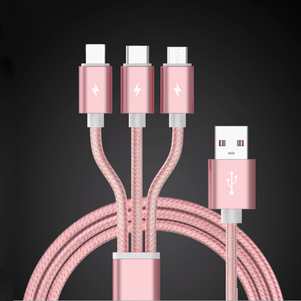 100 шт. 3 в 1 нейлоновый Плетеный зарядный кабель Micro USB для зарядного устройства