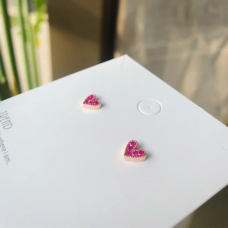 S925 Серебряная игольчатая роза золото медная мозаика розовый AAA кубический цирконий маленькое сердце серьги-гвоздики для женщин девушек милые ювелирные изделия