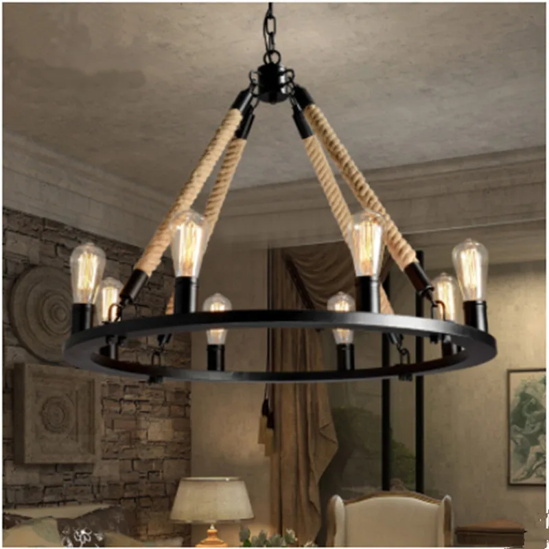 Goedkoop Amerikaanse Dorp Loft Iron Retro Creatieve Bars Kleding Cafe Henneptouw Kroonluchter Antieke Touw Lichten Restaurant Eetkamer