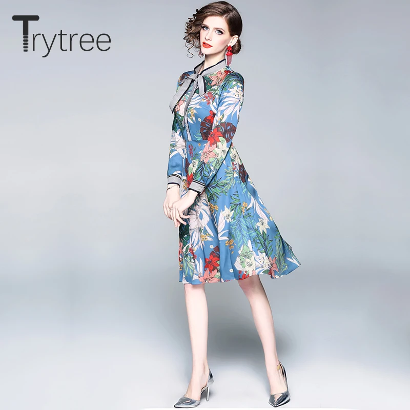 Trytree 2019 лето осень повседневное Элегантное синее платье с цветочным принтом