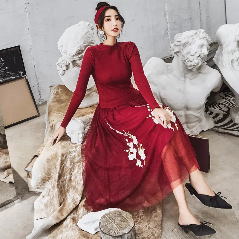 New winter knitting sweater dress off two gauze embroidery women warm show thin the tower | Женская одежда