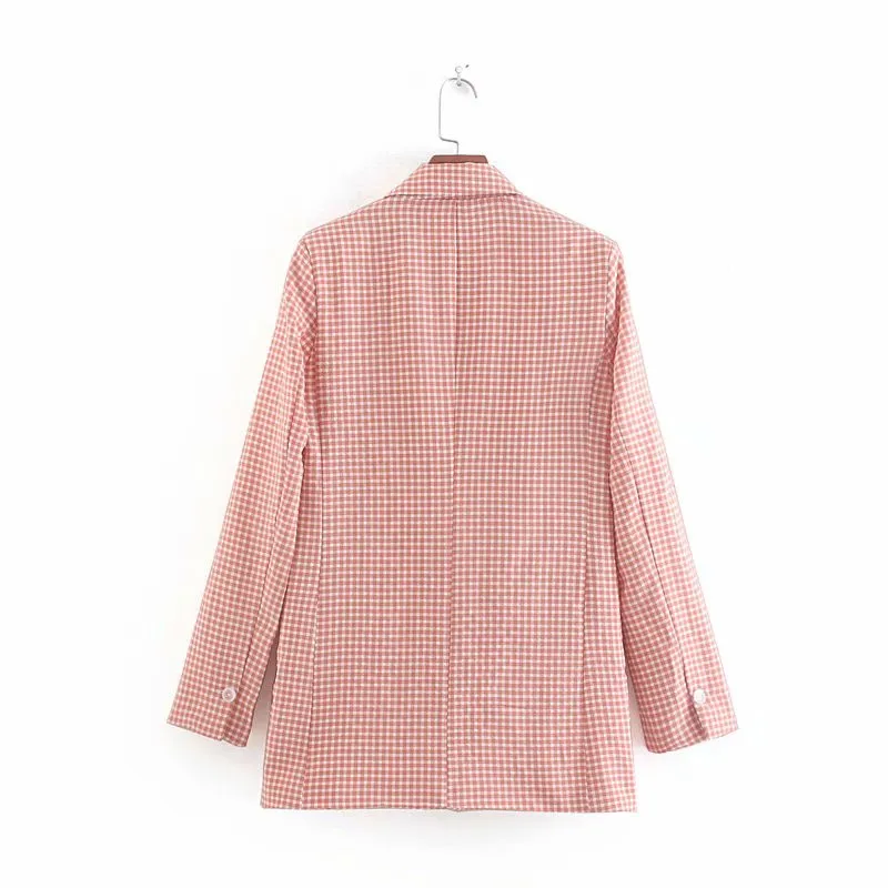 NSZ Women Pink Plaid Blazer Long Sleeve Checked Office Jacket Ladies Work Business Coat Outerwear | Женская одежда