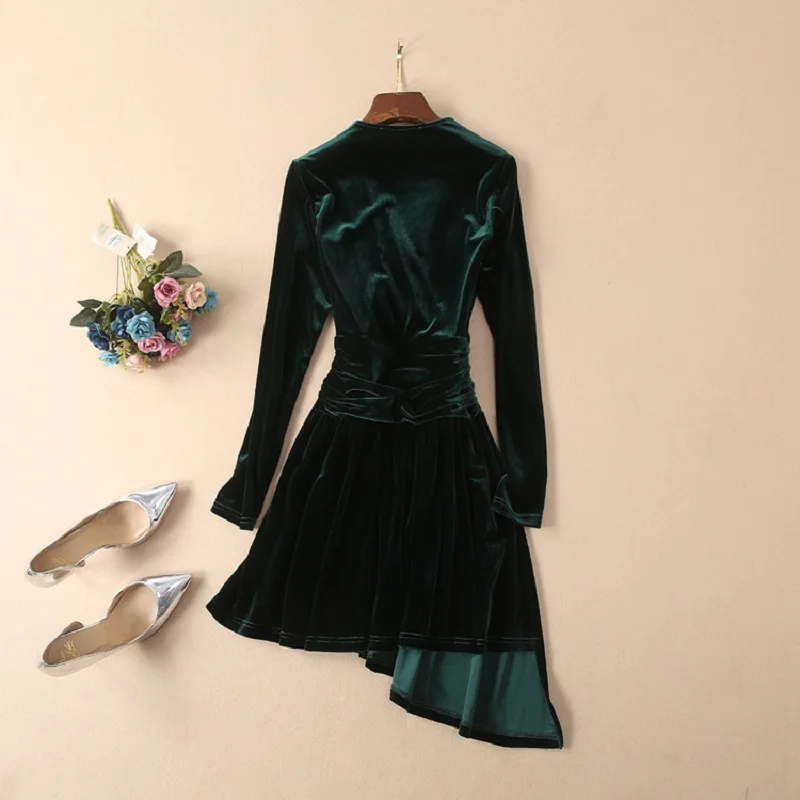 High Quality Velour Dress 2019 Spring Autumn Style Women V-Neck Diamond Beading Long Sleeve Asymmetrical Sexy Party Club Dresses | Женская