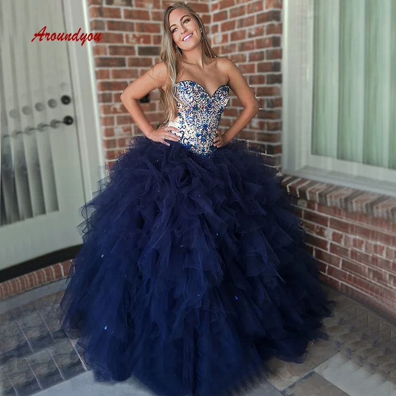 

Темно-синее бальное платье для девушек, бальное платье, длинное бальное платье с бисером и кристаллами для выпускного вечера, 16-летнее милое...