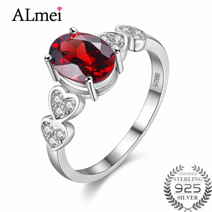 Almei 1ct Retro Red Garnet Love Heart Engagement Rings 925 Sterling Silver Costume Jewelry for Women with Gift Box 40% FJ024