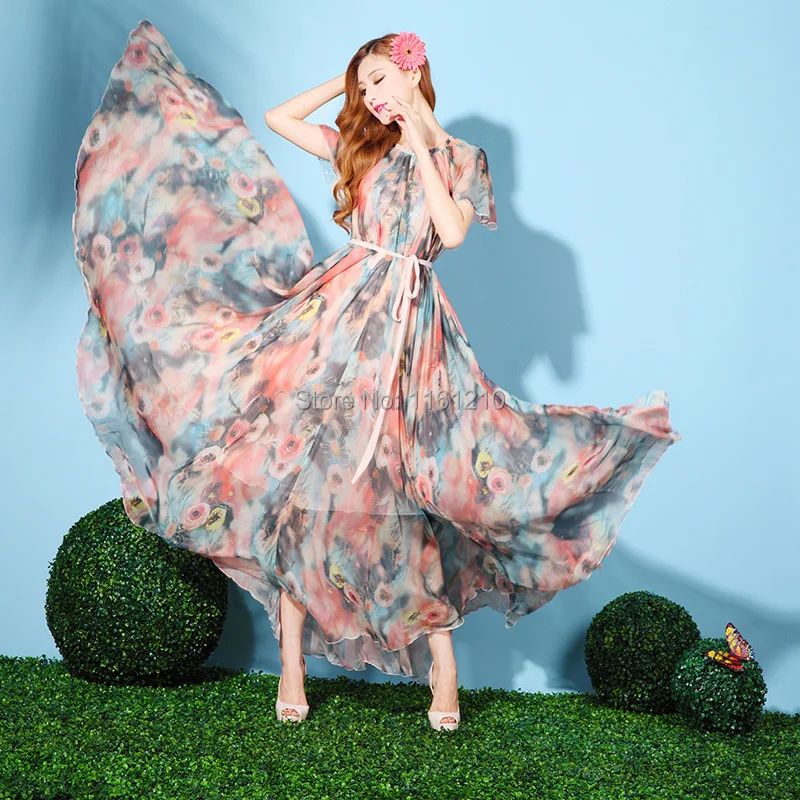 Летнее шифоновое платье с цветочным принтом для отдыха Пляжное рукавом бабочкой