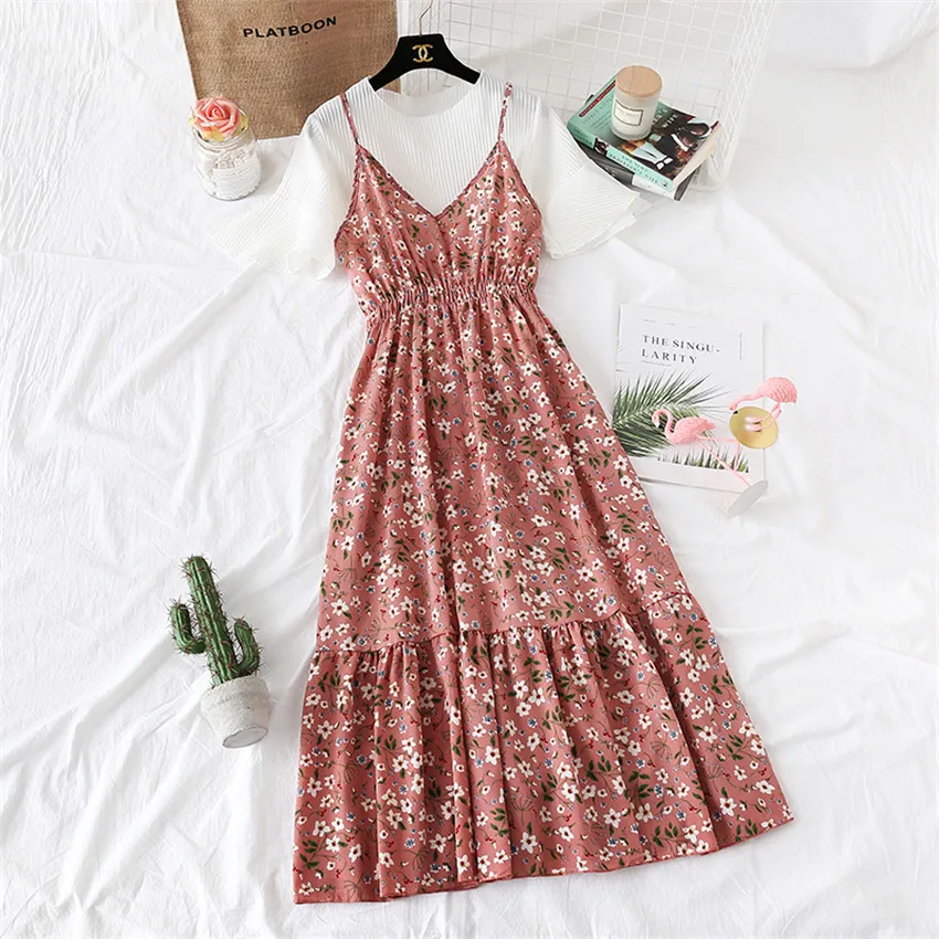 

2019 New Fashion Slim Spaghetti Strap Dresses Summer Dress Chiffon V-neck Dress Midi Long Dress Women Clothings Vestidos WZ289