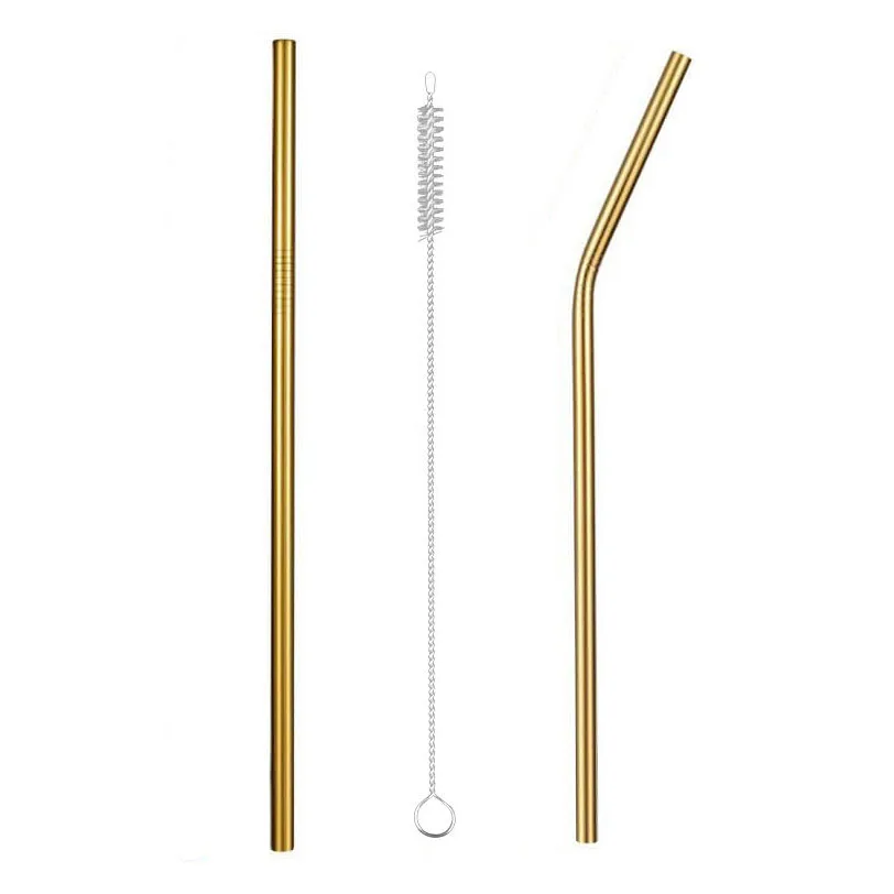Gold A s1b1 2PCS Reusable 304 Stainless Steel Drinking Straw Bar Party Metal Straw with Cleaner Brush For Mugs Sturdy Bent Straight Straws - Цвет: Gold A s1b1 2PCS