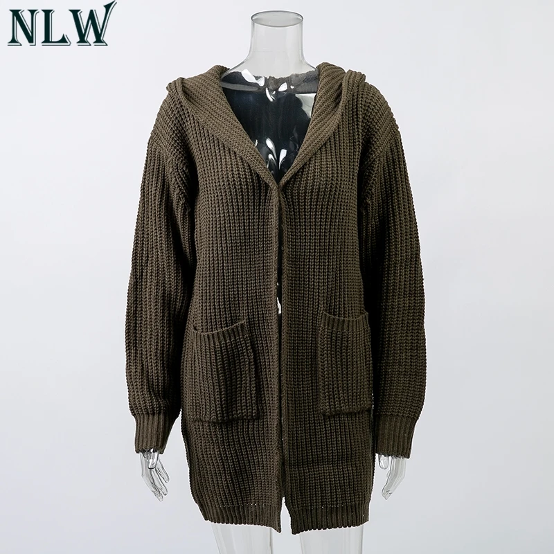 NLW 2019 Autumn Winter Knitted Cardigan Sweater Women Streetwear Long Sleeve Pocket Hooded Jumper Fashion Lace up Split |