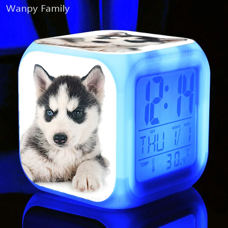Очень милые часы Husky dog светодиодный Будильник 7 цветов электронный цифровой