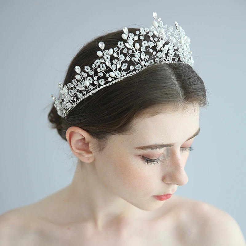 

Luxury Freshwater Pearls Wedding Tiara Handmade Silver Crystal Crown Party Prom Hair Jewelry Bridal Headpiece Brides Accessories