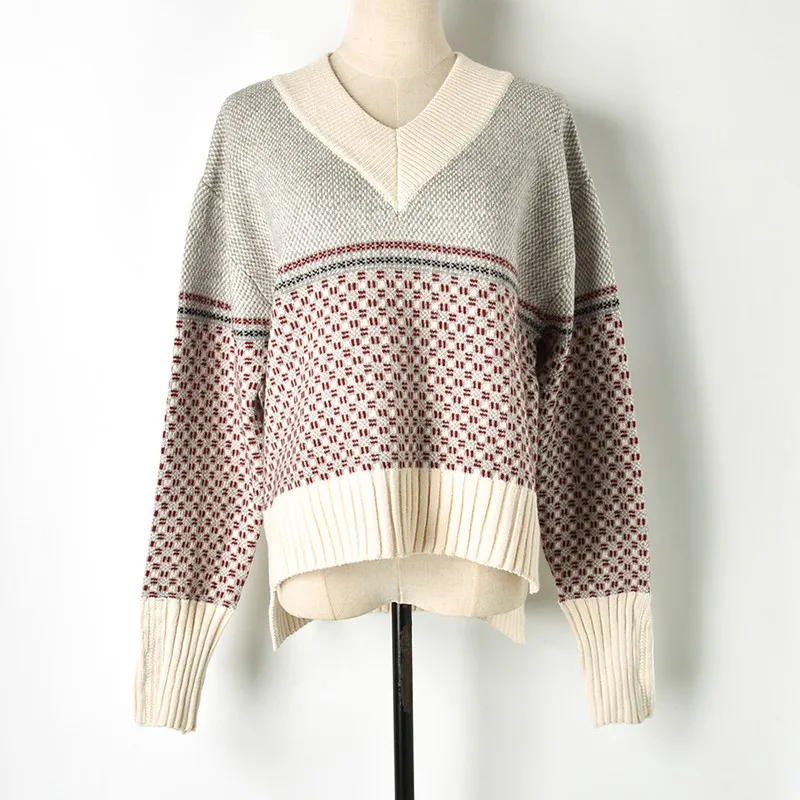 Autumn 2019 v-neck sweater women korean patchwork irregular back crab knitted Jacquard split pullover jumper Loose top C-403 | Женская