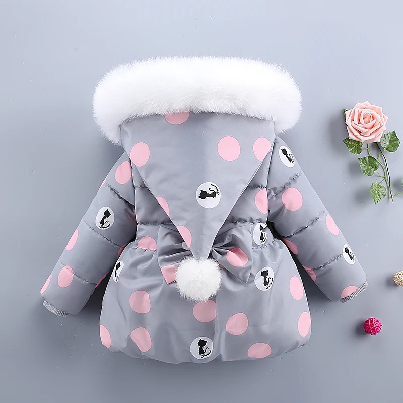 

Rlyaeiz Children's Coat 2018 Autumn Winter Jacket For Girls Kids Fashion Polka Dot Printed Fur Collar Hooded Warm Parka Outwear