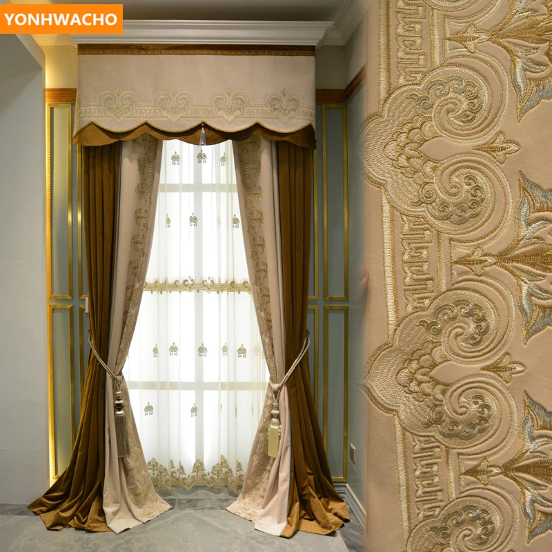 

Custom curtains American luxury high-class living room brown embroidered velvet cloth blackout curtain tulle valance drape B411