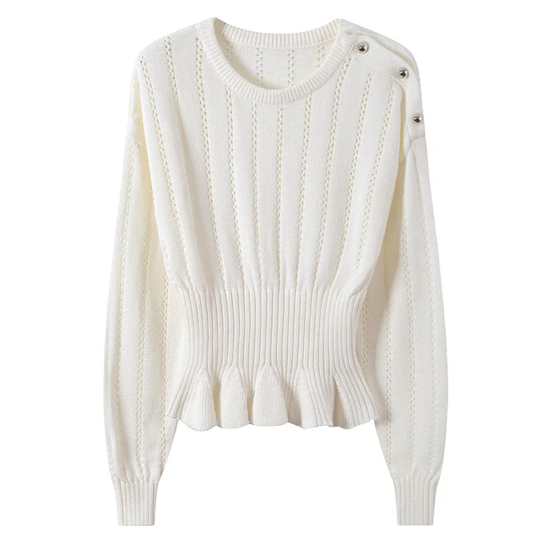 GRUIICEEN new hollow out white runway sweater jumpers ladies round neck slim waist ruffle knit pullovers GY201886 | Женская одежда