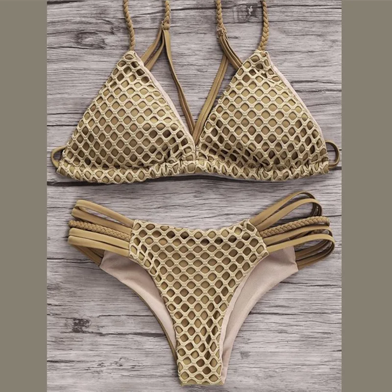 Женский купальник с чашками пуш ап розовое Сетчатое бикини цвета хаки глубоким V