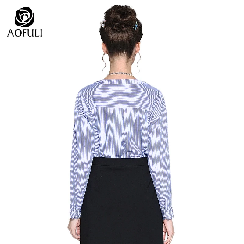 AOFULI L 5XL синяя полосатая блузка рубашка Брендовые повседневные топы с длинными