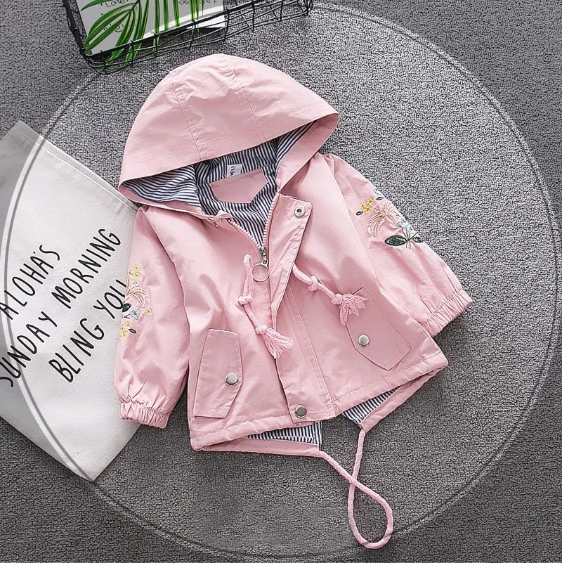 pink Весеннее пальто для маленьких девочек, высокое качество, с капюшоном, аппликацией, карманами, хлопковое, в полоску, внутри, модное пальто для девочек, одежда для новорожденных - Цвет: pink