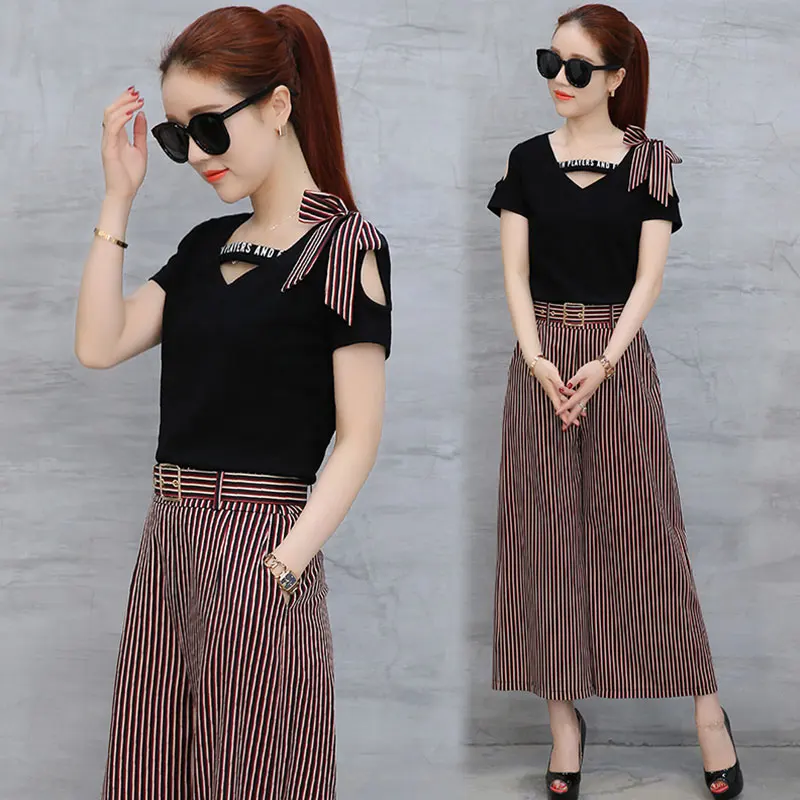 Летний женский костюм комплект из двух предметов в полоску с широкими штанинами