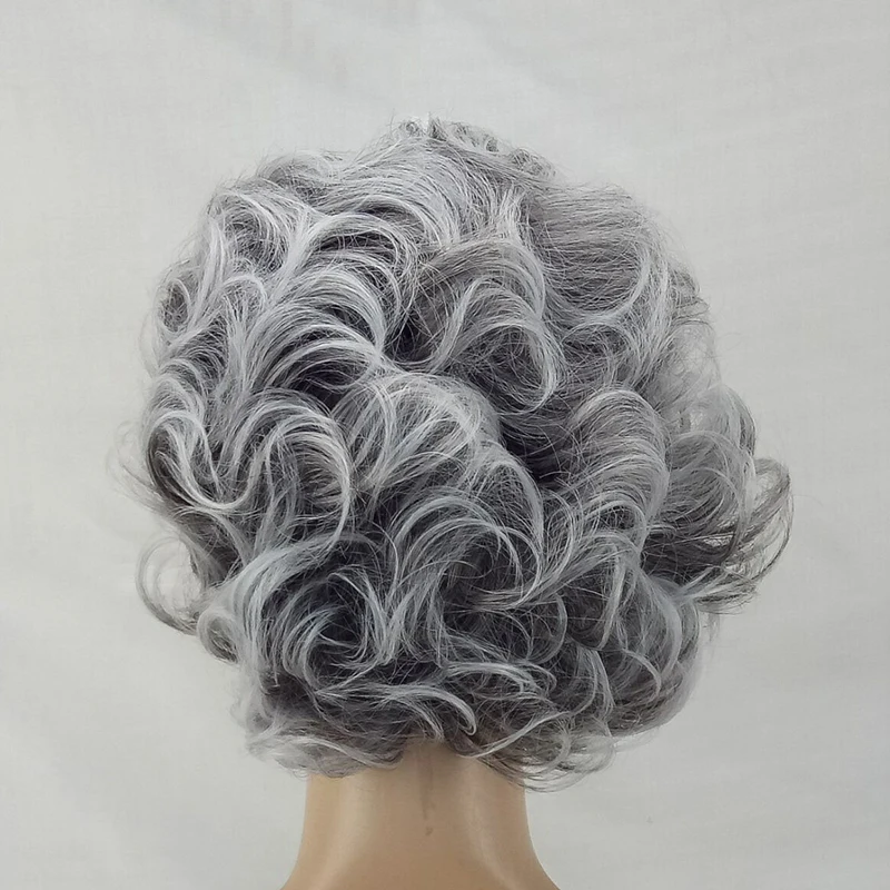 HAIRJOY Women Wig 2 Tones Grey White Ombre Synthetic Short Layered Curly Hair Puffy  Bangs Heat Resistant 9 Color Available