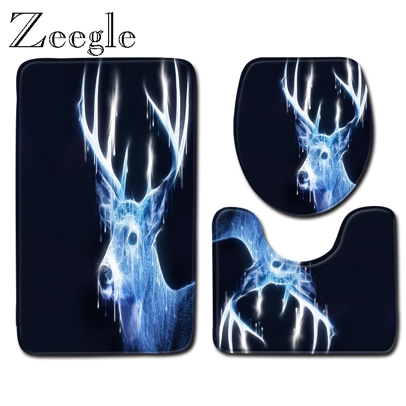

Zeegle Elk Pattern Rug Non Slip Bathroom Set Mat Washable and Absorbent Shower Mat Toilet Carpet Shower Carpet 3 pcs Small Rugs