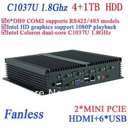 Preise IPC 4G RAM 1 TB HDD Mini Pc Fanless Industriellen PC INTEL Celeron C1037u 1,8 GHz VGA HDMI RJ45 Usb 6 * COM Windows Linux