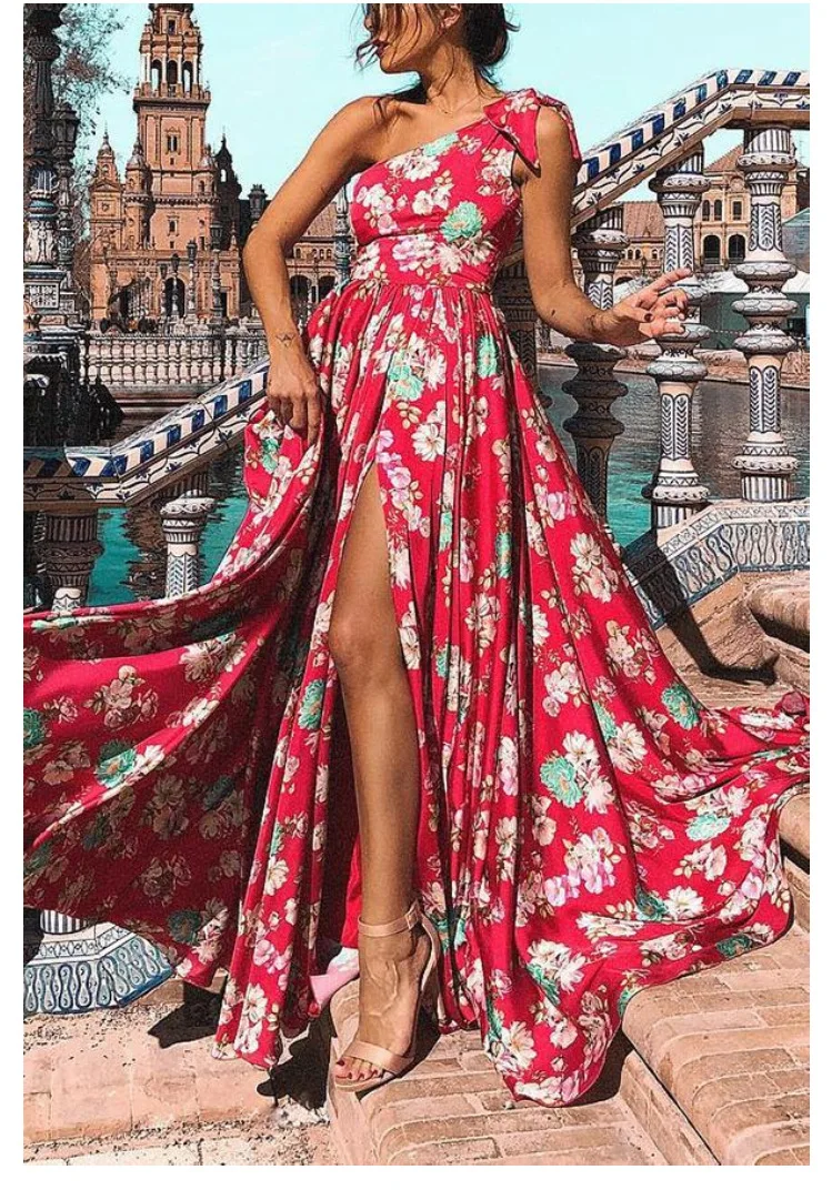 Женское богемное Макси-платье на одно плечо с бантом летнее пляжное платье без