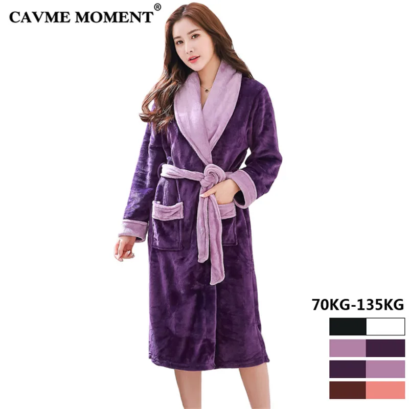 CAVME 6XL Plus Size Winter Flannel Kimono Robe for Women Femme Ladies Warm Sleepwear Night Gown Dress 70-135KG