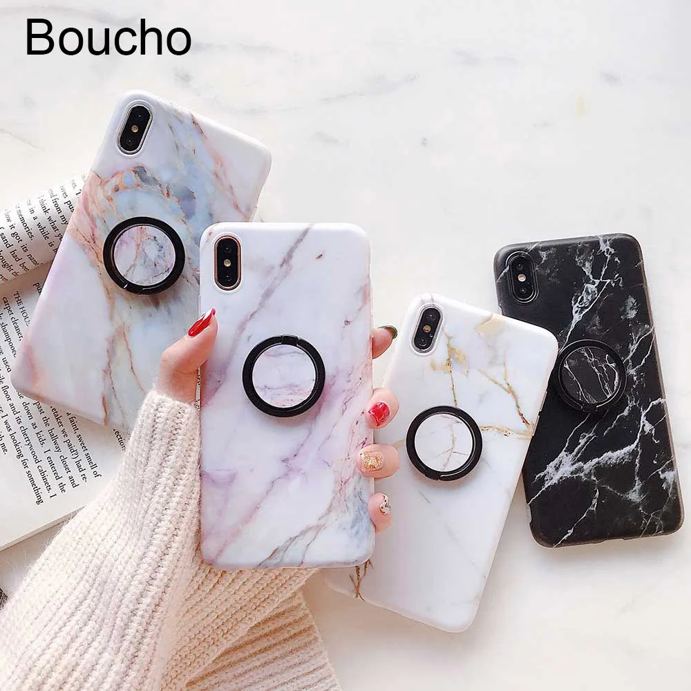 Boucho Phone Ring Case For iphone XS MAX XR Classic Marble Cases With Finger 6 6S 7 8 Plus X Soft Cover |