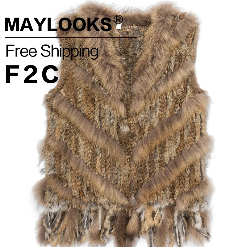 2018 мех кролика пальто Maylooks Для женщин v образным вырезом жилет пальто/Куртки Зима