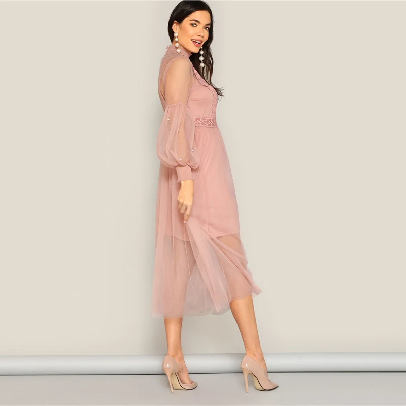 SHEIN Прозрачное Сетчатое Платье С Оригинальным Рукавом И Бусинами Нарядное Вечернее Платье На Бретельках С Открытой Спиной