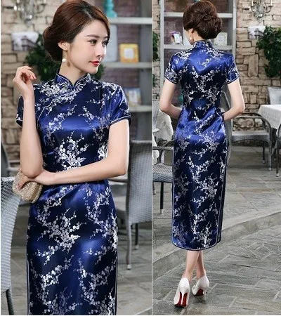 Navy blue Plum Церемониальные платья Cheongsam длинная консультация клиентская служба двери отеля Добро пожаловать работа Восточный одежда церемониальный халат Longue Femme - Цвет: Navy blue Plum