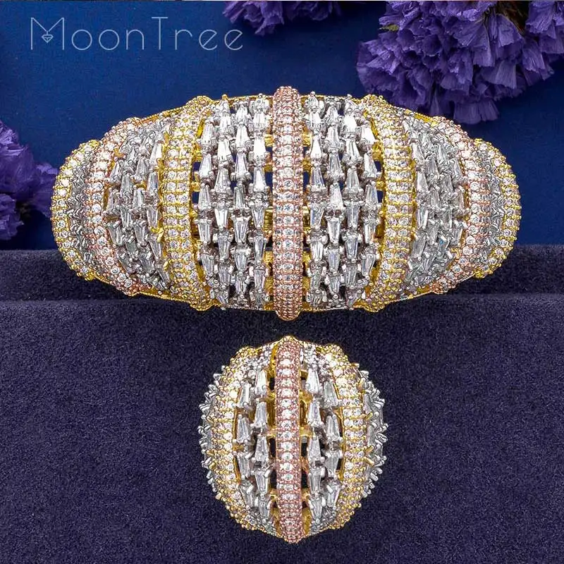 3Tone Mixed MoonTree модные роскошные супер 3 тон бум цветы AAA кубического циркония женские вечерние обручение ширина браслет и кольцо набор - Окраска металла: 3Tone Mixed