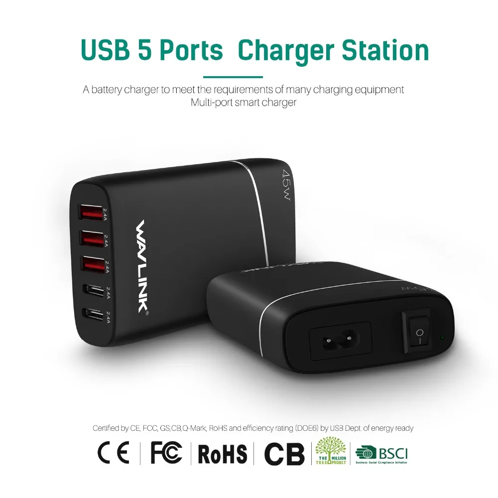 WAVLINK 5 портов 45 Вт/9A Смарт usb зарядная станция для путешествий/настенное зарядное устройство quick charge 3,0 USB Настольный зарядный адаптер для телефона