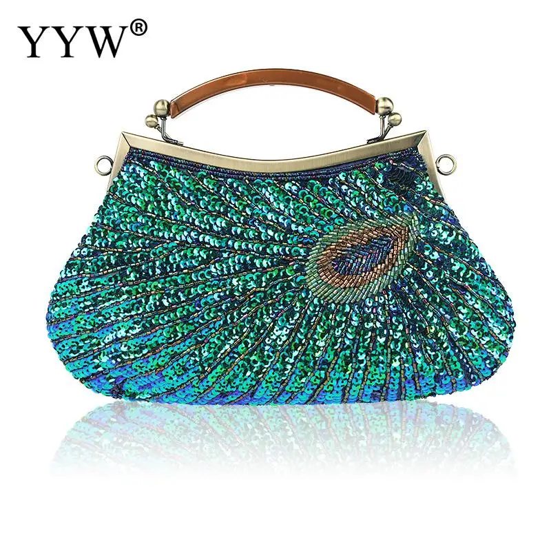 peacock blue Винтажные женские вечерние сумки с павлиньим узором, украшенные блестками и бисером, мини-сумочка на цепочке, роскошные вечерние клатчи, свадебные подарки, сумочка для невесты - Цвет: peacock blue