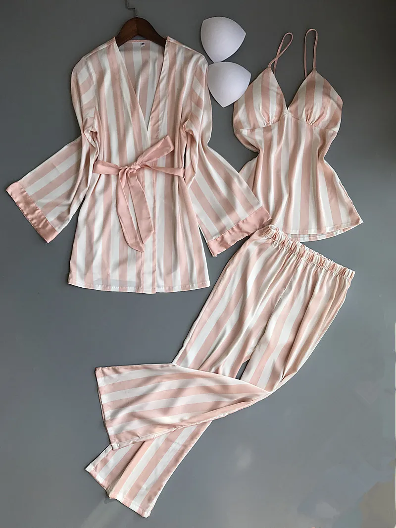 Одежда для сна Сексуальная Полосатый Для женщин пижамы шелковые Pijama элегантные