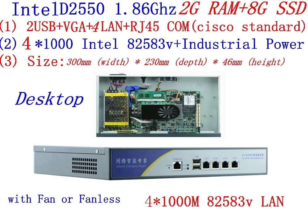 Atom D2550 dual core 1.86GHz with 2G RAM 8G SSD firewall serve Desktop mode 4*Intel 82538V 1000M network support pfSense, WayOS