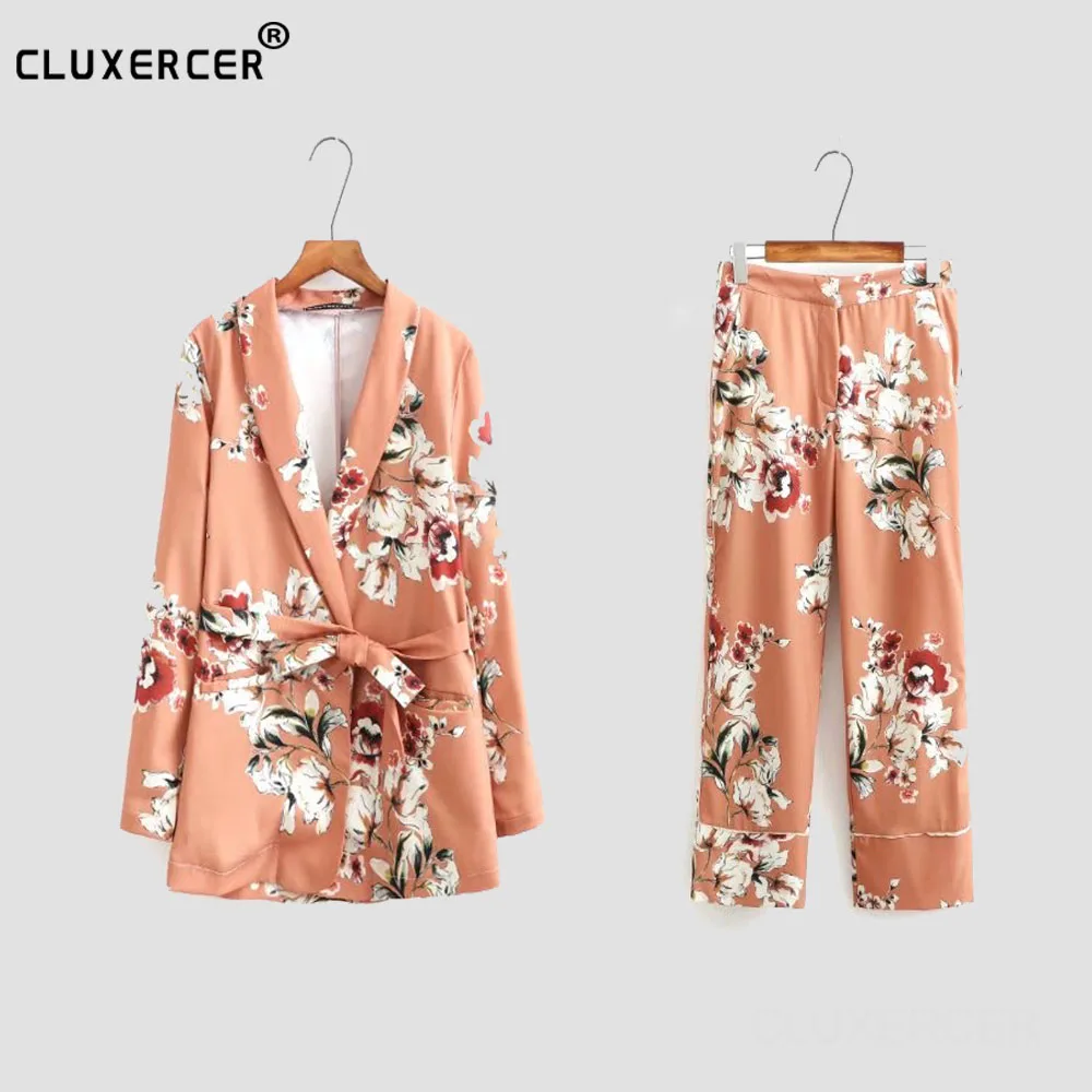 2 piece set Женский комплект 2 шт. v-образным вырезом с длинными рукавами протертые куртки типа кимоно+ напечатанные широкие брюки из двух частей набор костюмов женщин - Цвет: 2 piece set