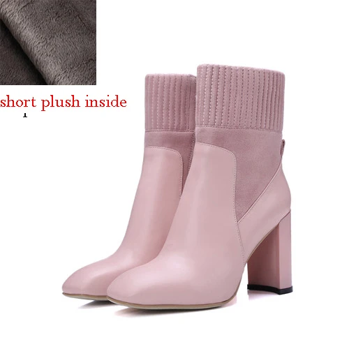 pink short plush Осенние женские ботинки; обувь из натуральной кожи; качественные ботинки на молнии из коровьей кожи на высоком толстом каблуке 9 см; ботильоны; WC01 muyisxi - Цвет: pink short plush