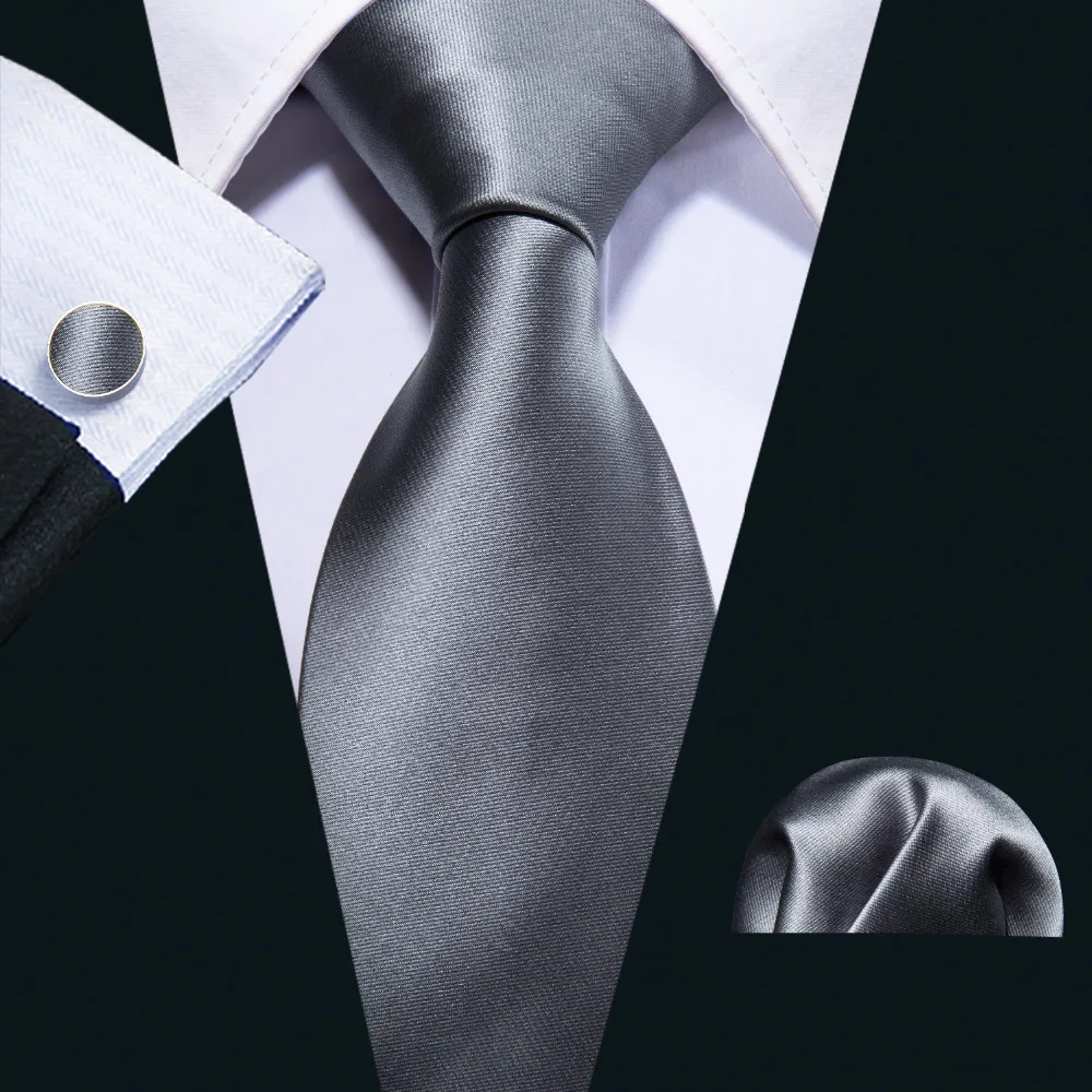 

8.5cm Classic Sliver Solid 100% Silk Tie Set For Men Wedding Groom Gift Barry.Wang Dropshipping Neckties Handkerchief FA-5114